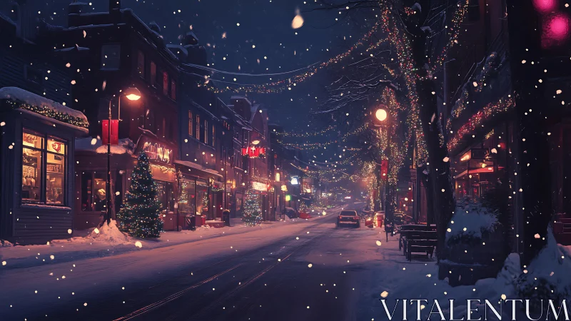 Snowfall over festive small-town street at winter dusk.