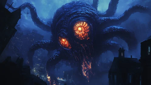 Colossal eldritch leviathan engulfs stormlit city skyline.
