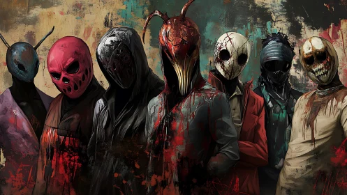 Masked horror collective stand amid abstract bloodstained chaos.