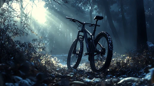 Mountain Bike Rests in Misty Forest Clearing.