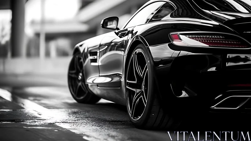 Low-angle telephoto study of glossy black grand-tourer rear profile.