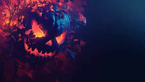 Smoldering jack o’lantern spirit stalking a midnight grove.