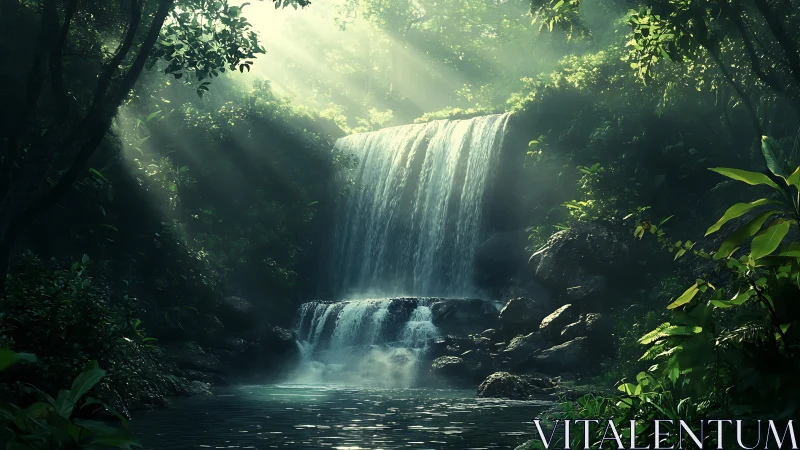 Cascading Waterfall Deep Within Luminous Forest Canopy