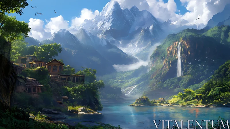 Mountain lacustrine village with terraced dwellings and waterfall.