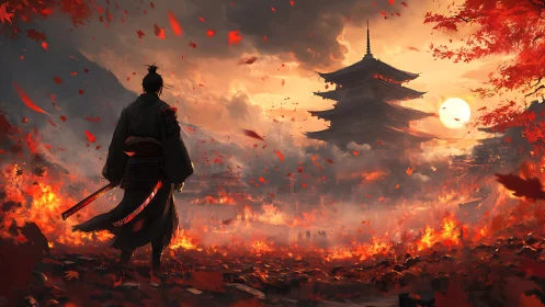 Lone samurai before burning pagoda at dusk, cinematic scale