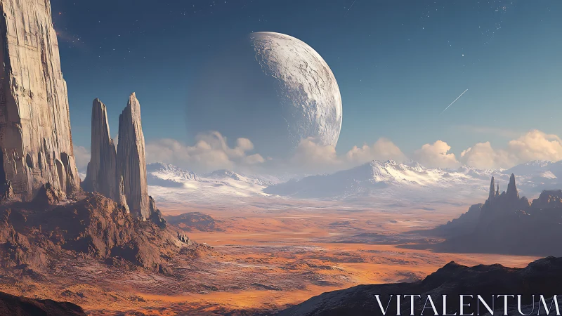 Distant planet rises over quiet red desert and pale mountains