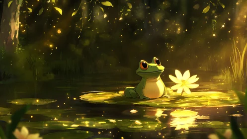 Cartoon frog on lily pad under glowing forest lights.