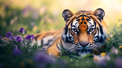 Tiger resting in sunlit meadow with purple wildflowers.