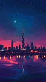 Neon city skyline under starry night sky over water.