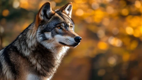 Golden-hour portrait of grey wolf with autumn bokeh background.