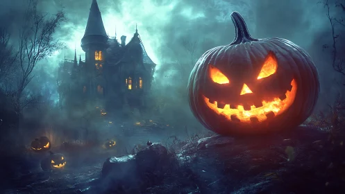 Grinning jack-o-lantern commands a mist-soaked haunted hill