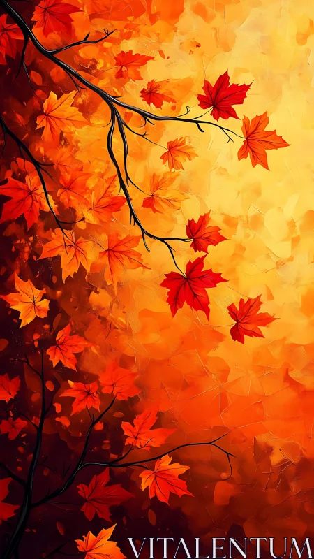 Crimson maple leaves swirling in radiant autumn light.