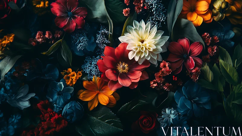 Dark Floral Still Life with Multichromatic Blooms and Atmospheric Backlighting
