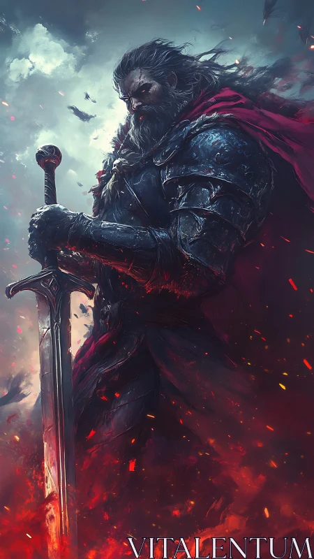 Storm-blooded warlord standing solemn in emberlit armor.