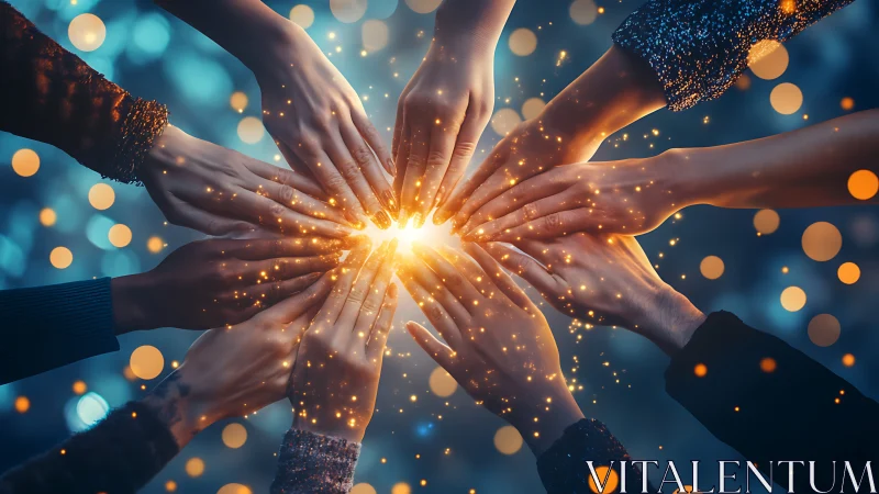 Hands ignite shared starlight in a circle of glowing unity.