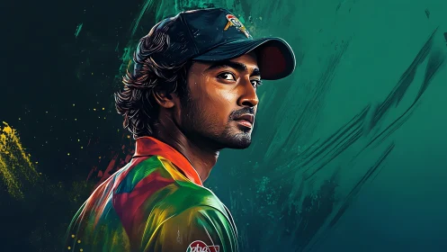 Cricket athlete portrait in dynamic digital pigment turbulence.