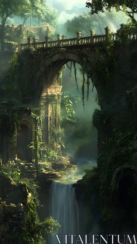 Ancient stone bridge above jungle river and waterfall.