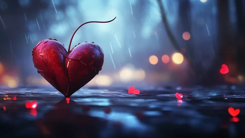Luminescent Cherry Heart: Digital Still Life in Rain.