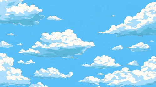 Layered cartoon clouds across wide blue daytime sky.