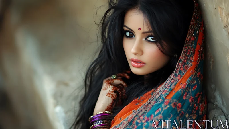 Saffron whisper, kohl-bright gaze in jewel-toned silence.