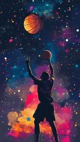 Celestial basketball leap within nebular chromatic fieldscape.