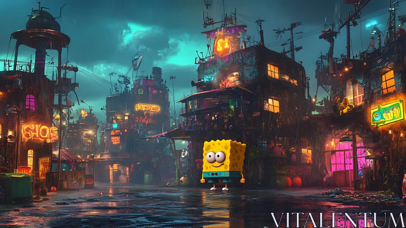 Cartoon sponge explores neon-soaked cyberpunk alleyway.
