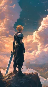 Sword bearer weighs the horizon where clouds burn gold