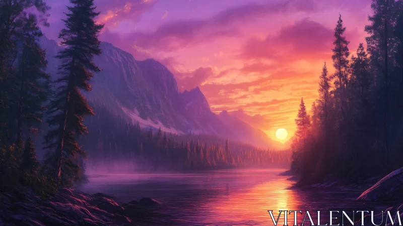 Vibrant alpine river sunset beneath glowing violet skies.