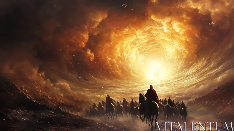 Cavalry silhouettes entering apocalyptic vortex of fire and light