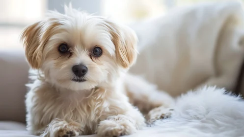 Small cream-colored dog on indoor sofa in soft light.