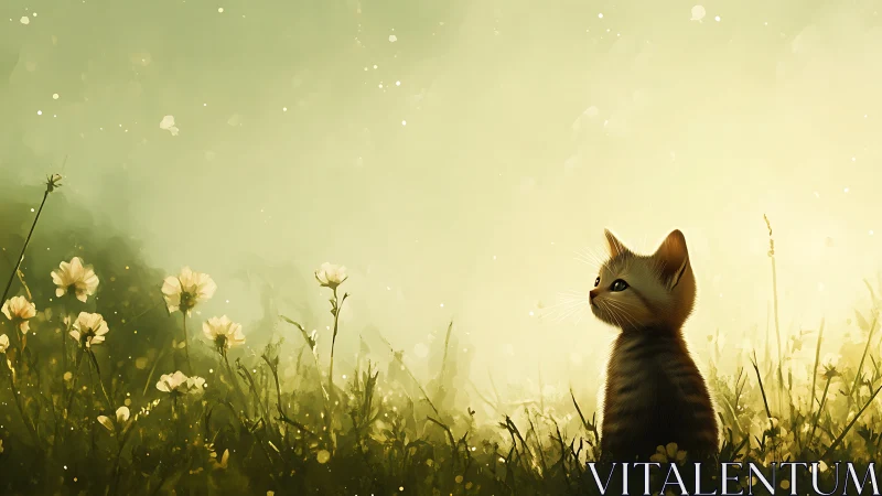Young kitten contemplates blooming meadow's golden mysteries in sunrise glow