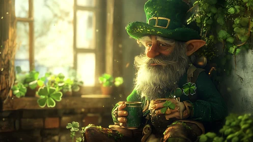 Leprechaun rests with clover tea in warm golden light.