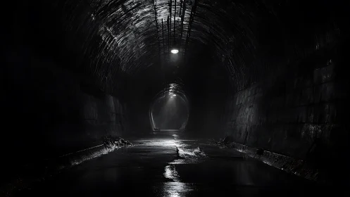 Moody wet concrete tunnel with single overhead sodium light