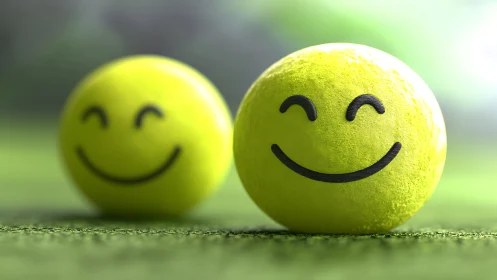 Smiling tennis ball characters on soft green court surface.