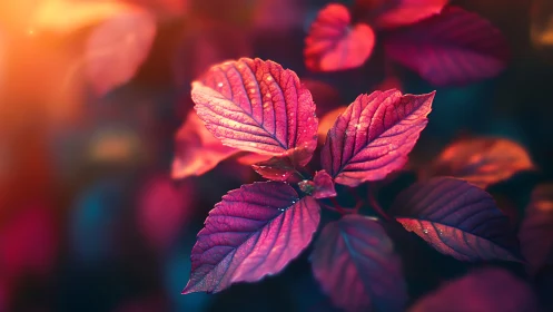 Sunlit magenta leaves glowing in a dreamy evening garden.
