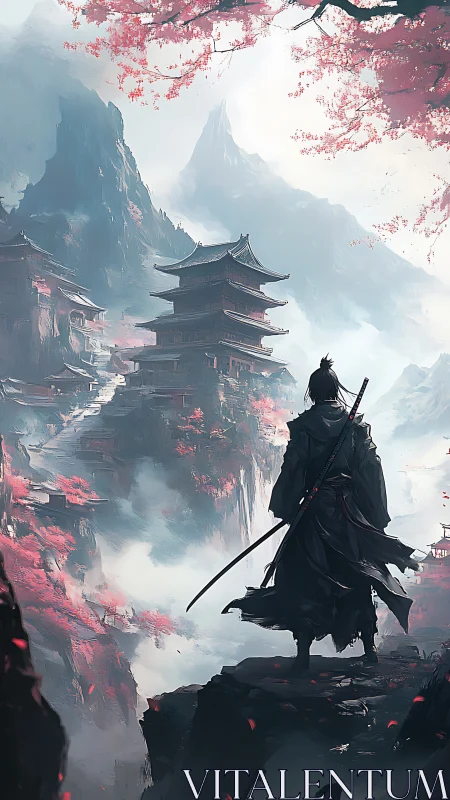 Lone blade above sakura cliffs and mistbound mountain temples.