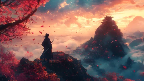 Lone samurai gazes toward a flame-kissed mountain citadel.