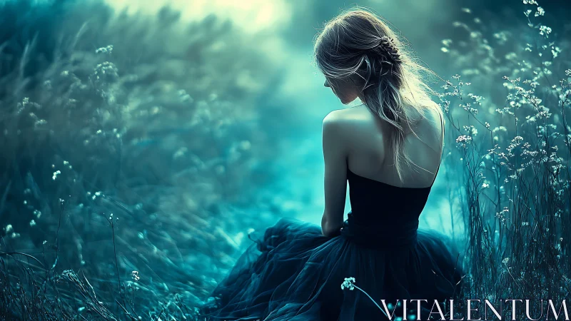 Woman in dark dress seated in soft blue meadow light.