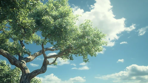 Sunlit leafy tree with twisted branches under blue sky, realistic style.