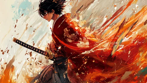 Samurai swordsman in kinetic red brushwork streaks evokes motion