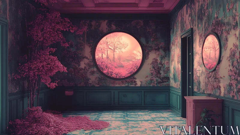 Dreamlike pink forest glows beyond a calm interior window
