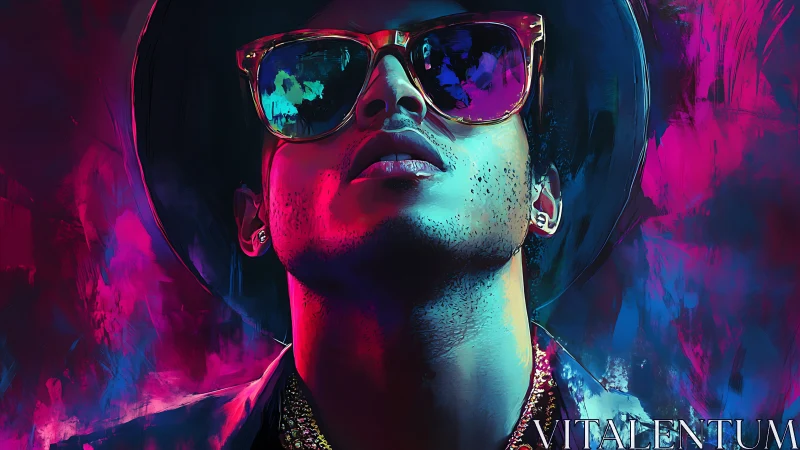 Portrait shows stylized male figure in neon lighting