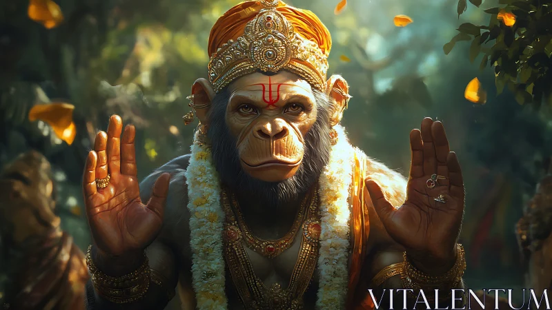 Monkey-headed deity figure raises both hands in blessing