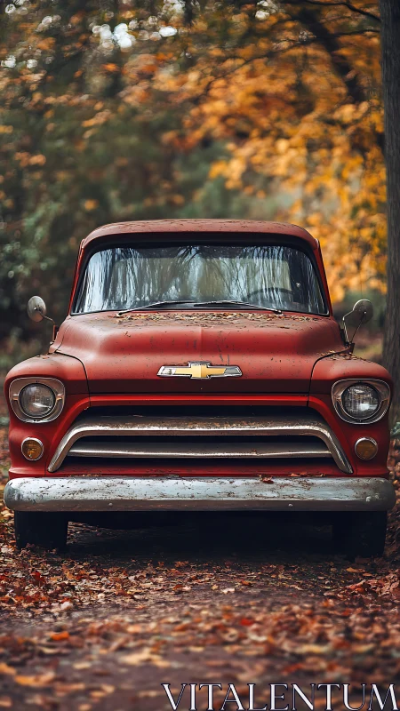 Front view shows weathered red vintage pickup truck parked
