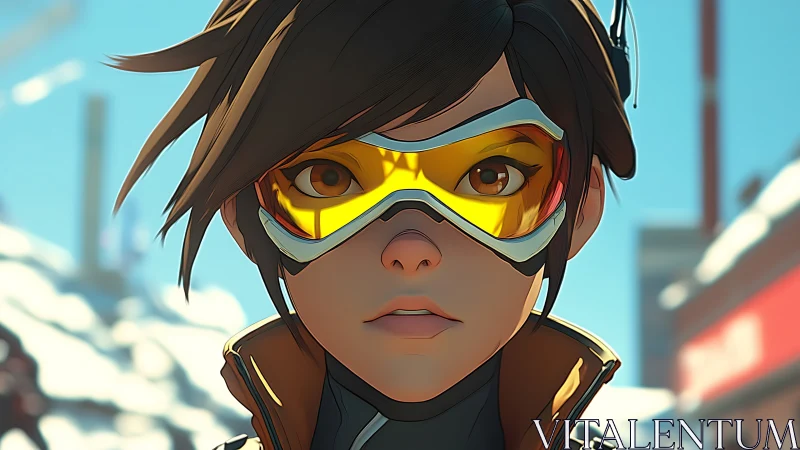 Futuristic heroine gazes ahead in crisp winter daylight.