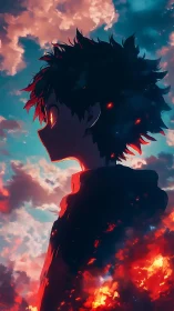 Anime silhouette with luminous sky and fiery cloaked profile.
