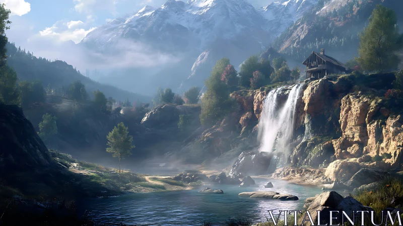 Mountain waterfall cabin amid misty alpine valley light.