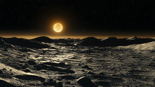 Lunar horizon under golden sun and star-laden sky.