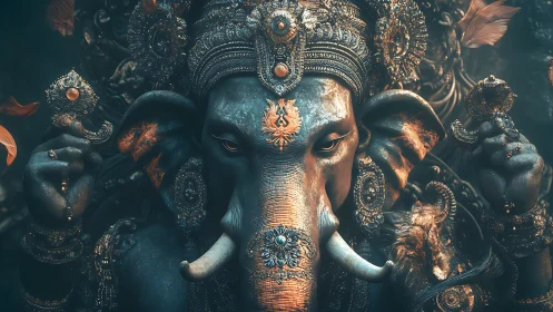 Ornate elephant headed deity statue in dramatic lighting.