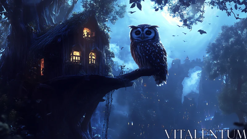 Gentle owl watching over a glowing forest treehouse at night.